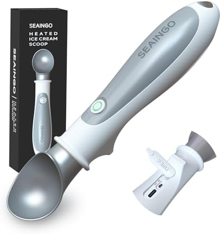 SEAINGO Heated Ice Cream Scoop - Rechargeable, ON/OFF Safety Lock Switch, Two Warming Modes, Ergonomic Handle, Electric Kitchen Tool for Hard Ice Cream, Frozen Yogurt, Sorbet & More