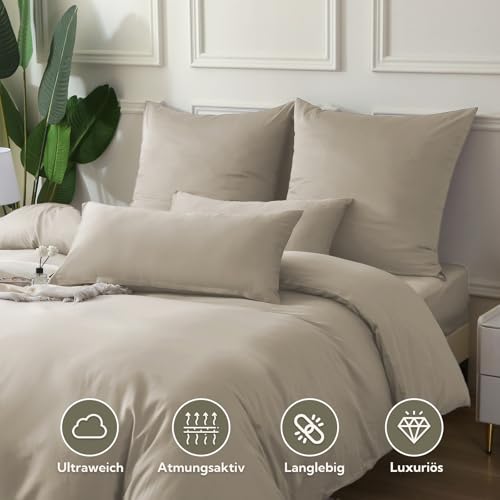 SOULFUL Satin Bettwäsche 135x200 Baumwolle Kühlend, Oeko-Tex, Oatmeal – Ansicht 2