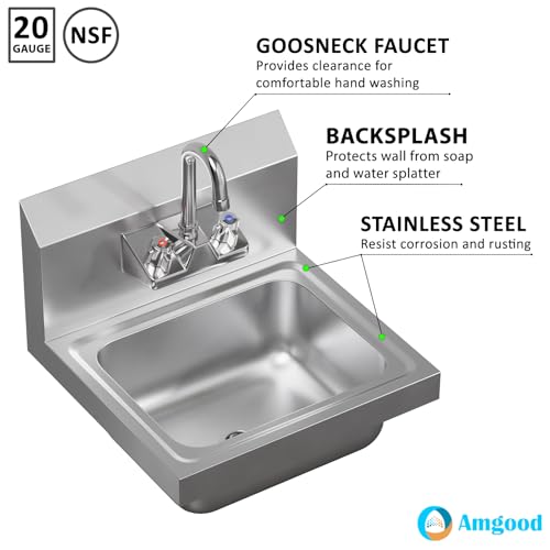 Image of 15 in. x 15 3 /4 in. NSF Certified Stainless Steel Hand Sink - Commercial Wall Mount Hand Basin with Faucet. Ideal for Restaurants, Bars, Kitchens, and Stores