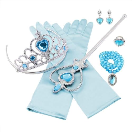 Vicloon Prinzessin Kostüme Eisprinzessin Set of 9, ELSA Handschuhe, Pfirsichherz Krone, Zauberstab, Halskette, Ring, Ohrring.(Blau)