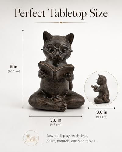 Bronze Cat Figurine Reading Book, Resin Home Décor Accents Statue with Glasses, Cute Tabletop Decor for Bookshelf Desk Office Library, Cat Lovers Gifts for Women Man Teacher Student (Reading Cat) - Image 5