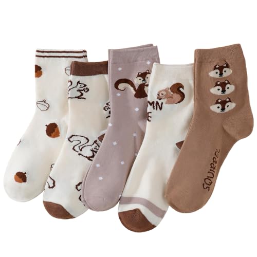 WIASLTS 5 Pairs Cute Cartoon Pattern Polyester Crew Socks for Women & Teens (US Alpha One Size Regular Regular Squirrel Pattern)