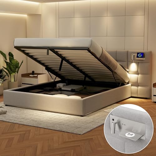 Aoskem Polsterbett Bett 180x200 cm Doppelbett mit Stauraum, Extrabreiter Kopfteil mit Leselicht&USB&KabellosesLaden, Stauraumbett Bettgestell mit Lattenrost, Funktionsbett, Ohne Matratze (Leinen Grau) – Bild 7