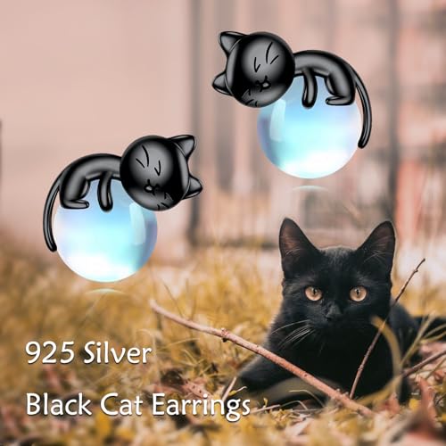 Birthstone Cat Earrings Sterling Silver Black Cat Stud Earrings Cats Jewelry Birthday Gift for Women3