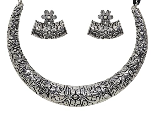 Siddhatva Indian Afghani Hasli Style Silver Oxidized Tribal Boho Statement Kutchi Choker Necklace Jewelry Women
