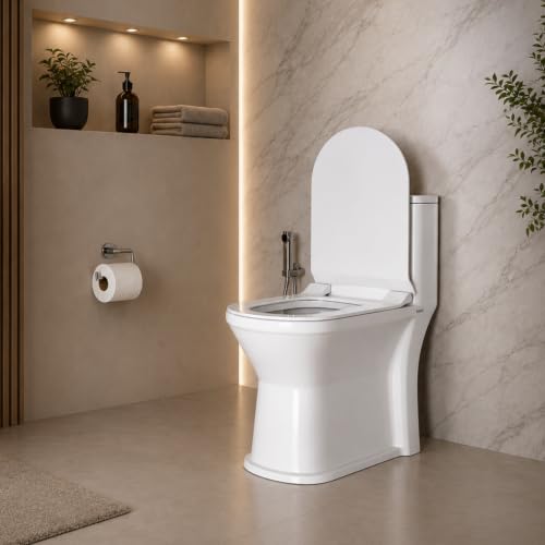 Image of Ruhe Oreo One-Piece Western Toilet with 3D Siphonic Flushing System| S-Trap | White Glossy Ceramic | 26 x 13 x 29 inches | Soft-Close Seat Cover | Dual Flushing | Floor Mounted Western Commode