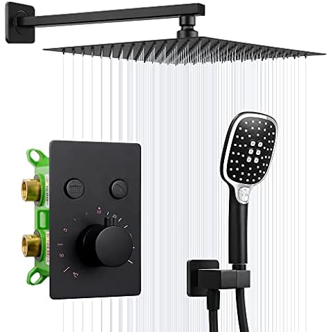 Ronvie Shower Head and Handheld Shower Head Set, 3-Function Adjustable Temperature Shower System Handheld Spray with Hose High Pressure Bathroom Rainfall Shower Faucet (Matte Black) Cover