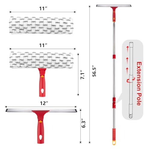 Image of Squeegee for Window Cleaning, 12 inch Squeegee and 11 inch Microfiber Scrubber Combi with Stainless Steel Pole, Extendable Window Cleaner for Car, Sliding Door, Shower Glass Door-Swivel Style-2 Pads