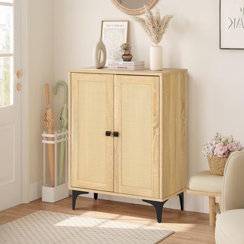 GORZING Rattan 2-Door Storage Cabinet Buffet - Boho Small Sideboard with Adjustable Shelves for Pantry Kitchen Entryway, Natural Weave 23.6" W x 15" D x 33.3" H