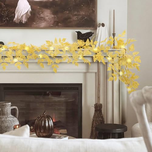 Image of Neutral Fall Garland for Mantle Fireplace - 2 Pack 6Ft Plum Cimicifuga Seeded Leaf Garlands Yellow Autumn Decor Table Decorations for Home Indoor Door Halloween Realistic Leaves Garlands Outdoor