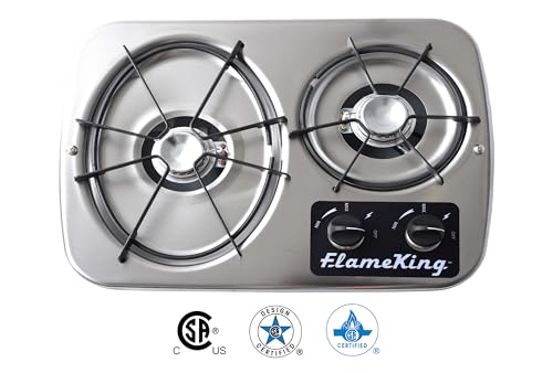 Flame King YSNHT600 2-Burner Built-in RV Cooktop Propane Stove, 7200 and 5200 BTU Burners, Self-Igniting, Cover Included, Silver, 18.5' x 13' x 4.5'