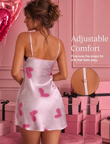 Image of Girece Sexy Night Gowns for Woman Silk Nightgown Lace Trim Sleep Dress Babydoll Lingerie Satin Nighty Negligee