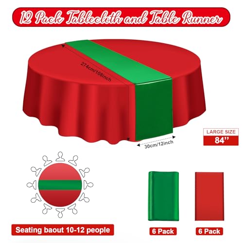 Image of 12Pack 12x108Inch Satin Table Runner and 84Inch Round Plastic Tablecloths Set Christmas Red and Green Disposable Table Cloth Cover for New Year Christmas Wedding Holiday Anniversary Party Decorations