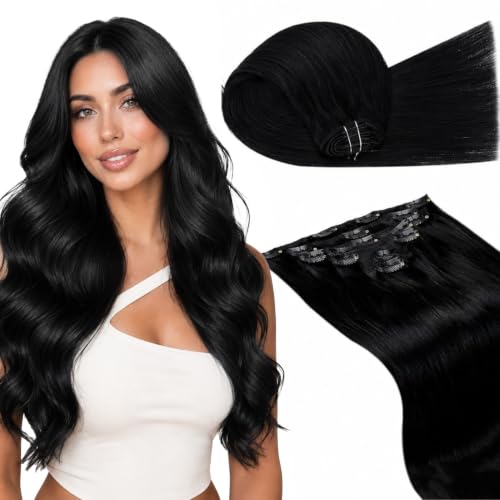 Image of LaaVoo Human Hair Clip In Extensions, Double Weft, 24 Inch | Sleek Jet Black Texture, 120g 7pcs, Clip On Extensions Human Hair, Smooth, Natural Shine
