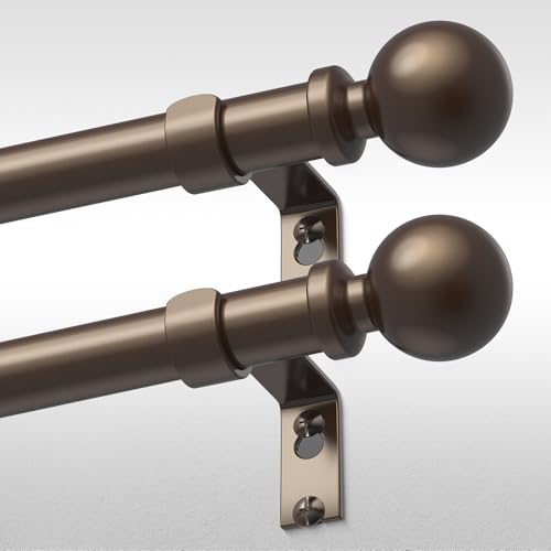 2 Pack Bronze Curtain Rods for Windows 48 to 84 Inch, Adjustable Heavy Duty 1 Inch Diameter Decorative Curtain Rod with Round Finials, Modern Easy Install Extendable Metal Drapery Pole Set