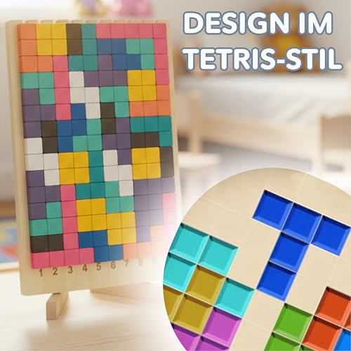 Montessori Holzpuzzle Tetris-Stil – 42 Teile Gehirntraining Blöcke mit nummeriertem Brett (1-10) & 10 doppelseitige Aufgabenkarten, Lernspielzeug für Kinder ab 3-5 Jahren, Feinmotorik & Mathe - Puzzle
