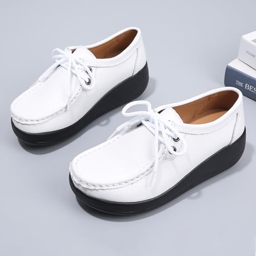 Image of Women's Leather Lace up Slip On Platform Loafers,Comfortable Arch Support Round Toe Wedge Moccasins Non-Slip Increase Height Nurse Work Shoes