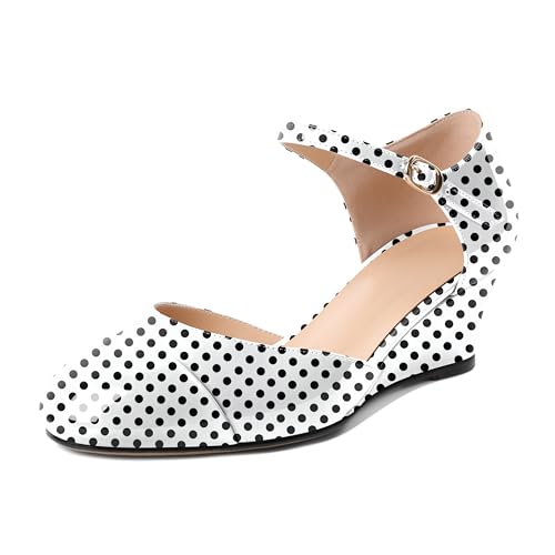Eldof Low Wedge Shoes for Women Mary Jane Round Toe Ankle Strap Low Heel Wedge Pumps Women Dress Shoes 2 Inches Patent Polka Dot US Size 8.5