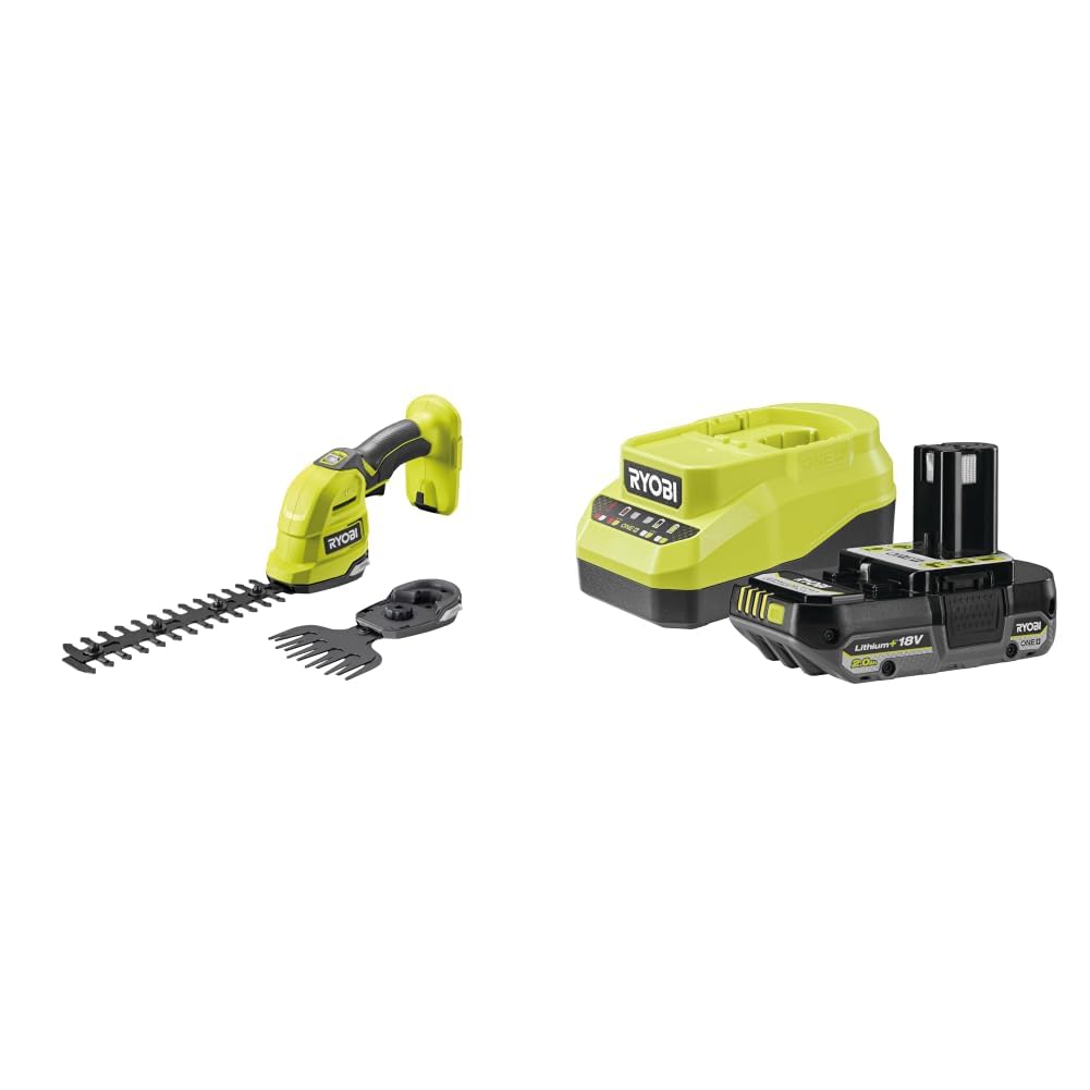 Bundle aus RYOBI 18 V ONE+ Akku-Gras- und Strauchschere RY18GSA-0 + RYOBI 18 V ONE+ Akku-Starterset RC18120A-120CG