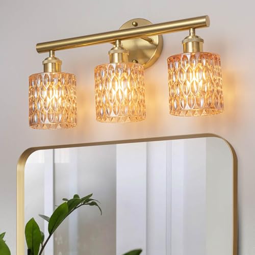 Image of Bathroom Vanity Light, Gold Wall Fixture Over Mirror, Amber Glass Shade Lighting with Bulbs Included for Bedroom & Living Room,3-Lights