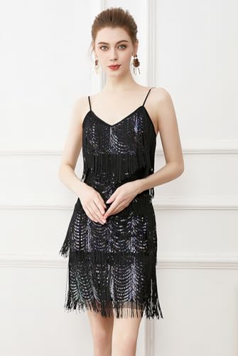 Image of Women Flapper Dresses 1920s V Neck Beaded Fringed Great Gatsby Club & Night Out Dresses
