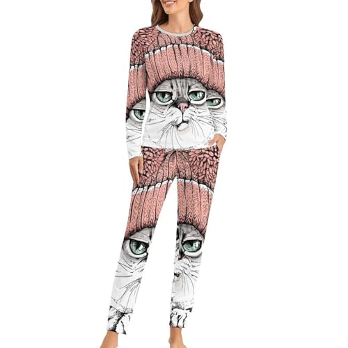 Pyjama femme chat en colère ensemble sleepwear manches longues et pantalon