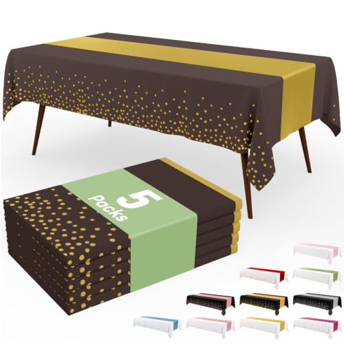 Image of Smiry Plastic Table Cloth Disposable 5 Pack, 54 x 108 Inch Rectangle Waterproof Tablecloth, Printed Gold Table Runner Style for Birthday Weeding, Party Decorations, Leakproof & Sturdy, Gold and Coffee