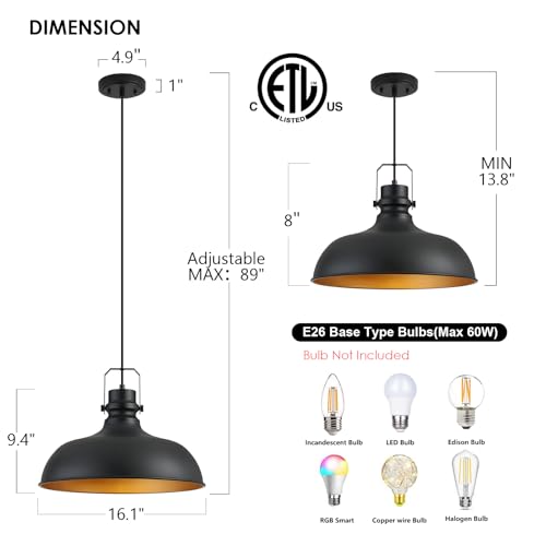 Image of Black Farmhouse Pendant Lights for Kitchen Island 16 Inch