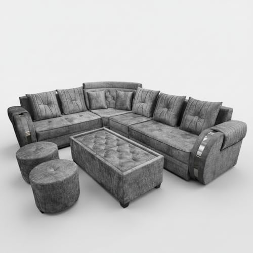 Image of APRODZ Solid Wood 6 Seater Sofa Set Velvet Fabric Sectional L Shaped Sofa with Center Table & Ottomans Corner Sofa for Home Office Guests Living Room Cushioned Seating for Home & Lounge Use (Grey)