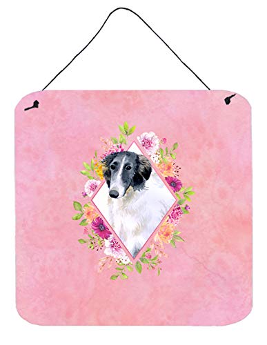 Caroline's Treasures CK4122DS66 Borzoi Pink Flowers Wall or Door Hanging Prints Aluminum Metal Sign Kitchen Wall Bar Bathroom Plaque Home Decor, 6x6, Multicolor