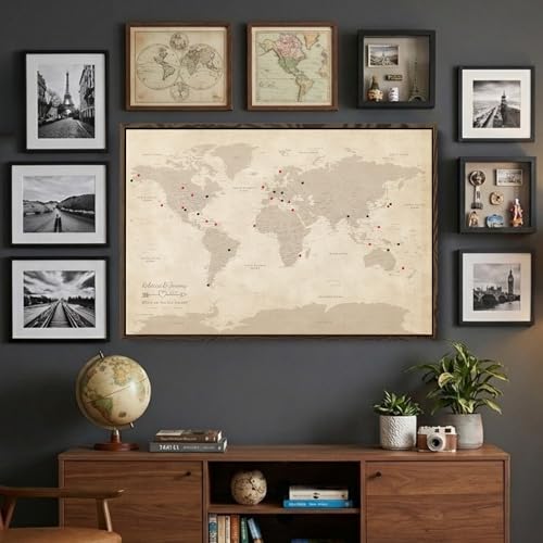 Image of Vintage Canvas Travel Pin Map of the World - Big Antique Style World Map with Pins - Personalized Framed Wall Art - Brown Float Frame - 34 inch x 51 inch