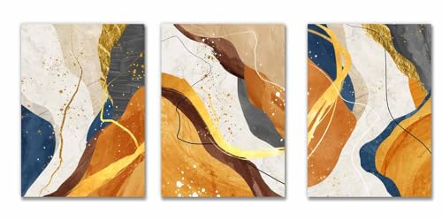 3 Pcs Boho Naranja Azul Geométrico Cuadros decorativos, Abstracto Mediados de siglo Mármol Oro Cuadros Modernos lienzo Cuadros Decorativos Salón Dormitorio Decor de Pared Listo para colgar 30x40cmx3