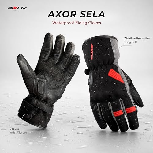 Image of Axor Sela Waterproof Riding Gloves:Insulated /Touchscreen-Friendly /Full Gauntlet with PVC Knuckle Protection & Sport Touring Fit for All-Weather Performance-Black Grey-M