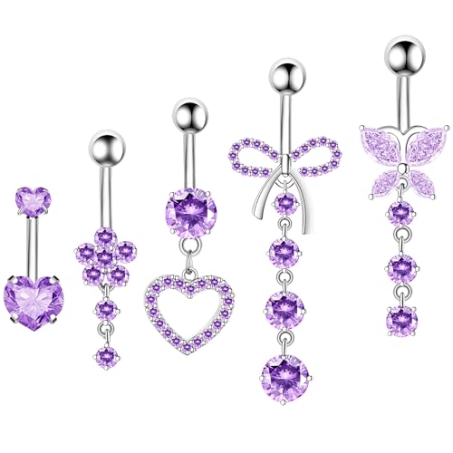 BSJ4U Belly Button Ring with Belly Button Pendant Jewelry Cute Pink CZ Heart Butterfly Flower Belly Button Piercing for Women 14G Silver Stainless Steel Delicate Hanging Piercing