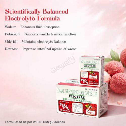 Image of ELECTRAL Oral Rehydration Salts I.P., WHO Formula, 50 Sachets, 4.4g Each (50, Lychee)