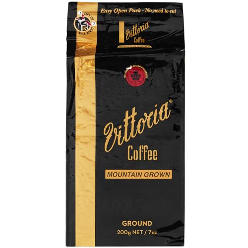 Vittoria Coffee Premium Mountain Grown Ground Coffee - 200g. High Altitude Dark Roasted Coffee Beans, Perfect with Home Filter Machines, Pour Over, Chemex, Plungers. (Packaging May Vary)