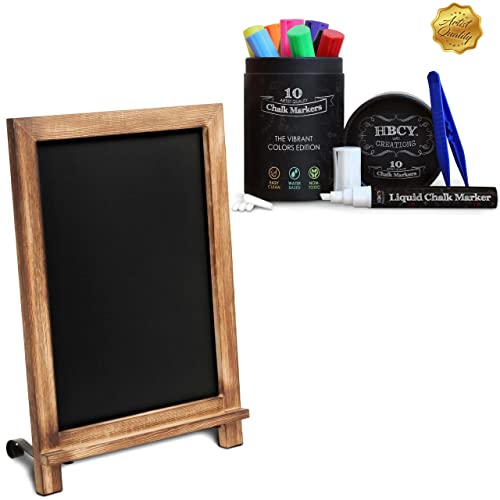 Rustic Torched Wood Tabletop Chalkboard Sign + Premium Chalk Markers. Perfect for Weddings, Birthdays, Baby Announcements & More!