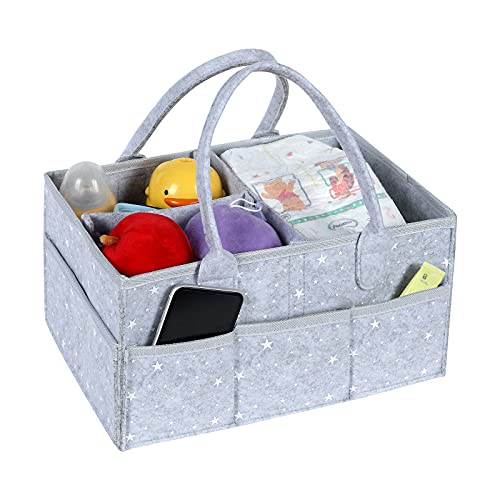 Organizador de pañales para bebé, multifuncional, portátil, para habitación de los niños, cesta de almacenamiento, estrella de fieltro para pañales con compartimentos extraíbles, color gris claro, L
