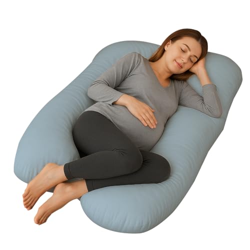HALVERIA® Almohada Embarazada | Almohada Cuerpo Completo Forma U | Cojín Maternidad Azul Claro Dormir y Lactancia | Funda Terciopelo Extraíble y Lavable | 145x70 cm | Universal y Ergonómica