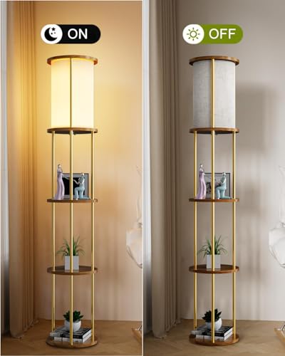 Image of Lightdot 61 inch Floor Lamp with Shelves, Modern Gold Floor Lamp with Fabric Shade and 3- Tier Solid Wood Table Attached, Corner Bookshelf Lamps with 3000K Bulb Included for Sofa Beside /Corner Decor