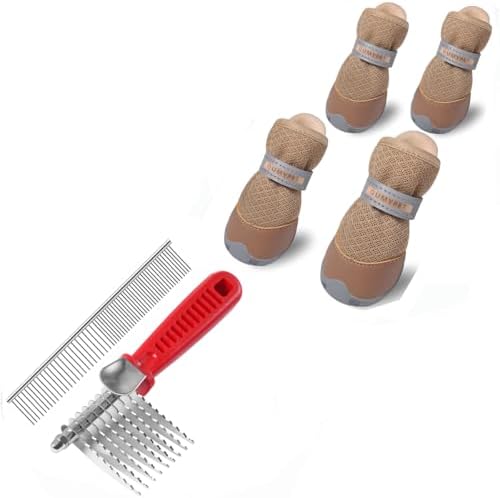 QUMY Khaki Mesh Dog Shoes Small Size 5 and Pet Comb Set for Outdo...