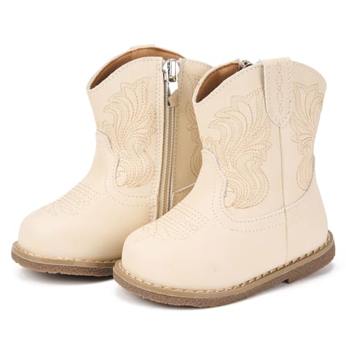Newsonet Baby Cowboy Cowgirl Boots Toddler Western Boys Girls Round Toe Riding Mid Calf for All Seasons 6 9 12 18 24 Months White Size 4 Infant