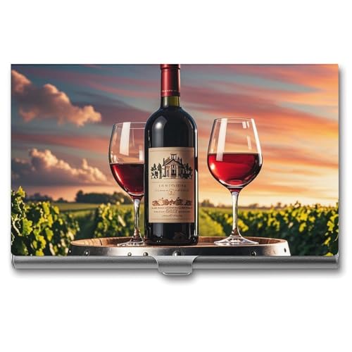 Slim Metal Business Card Holder - Wooden Wine Barrel on Wine Bottle Aluminum Alloy Card Case with Buckle Closure, Holds 20 Cards & Cash, Professional Credit Card Size ID Holder for Men Women Gift