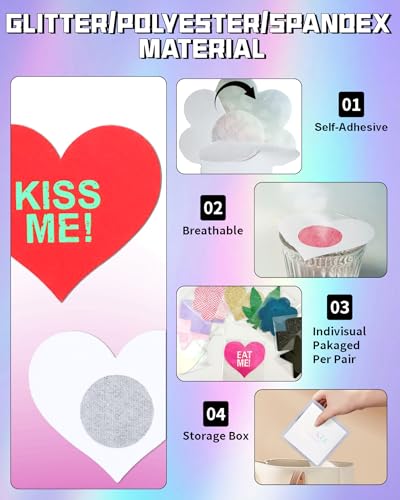 Image of CICKEE Pasties Sexy Nipple Covers 9 Pack Fun Pasty Pack for Rave Party Goth Lingerie Heart X Breast Petals with Words