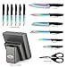 Marco Almond Knife Set with Block, 14 Piece Rainbow Titanium Knife Block Set, KYA25 Cooking Steak Knives set with Black Handle.