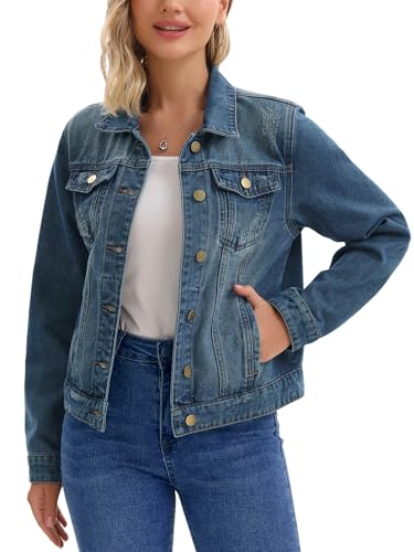 Women's Denim Jacket Washed Vintage Western Long Sleeve Distressed Jean Jackets Coats