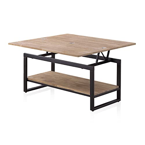 duehome | Rens, Mesa de Centro elevable y Extensible, Mesa Auxiliar, Mesa Convertible, Acabado en Roble Honey y Negro, Medidas: 100 cm (Largo) x 45-90 cm (Ancho) x 47-62 cm (Alto)