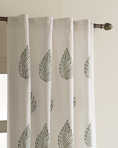 Image of THE LINEN COMPANY Printed Cotton Curtains 4 Feet for Window, Duck Canvas Leaf Design Curtains, Small Window Panels, 4ft Set of 2, Green Leaf