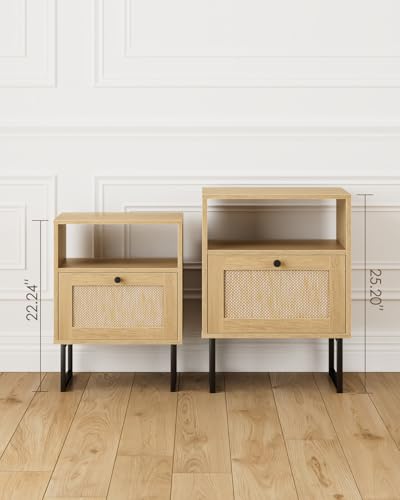 Image of Masupu Extra Large Rattan Nightstand,Modern Boho Farmhouse Wood Bedside Table with Storage Drawer and Open Shelf, Black Frame Side End Table for Bedroom,Living Room,Office (Natural)