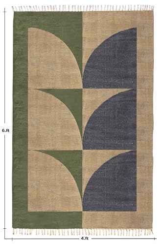 Tapis carré en coton Dhurrie lavable de style Kilim marron et bleu haute résistance